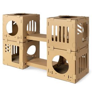 Navaris Katzentunnel aus Karton mit Kratzboards - 4tlg. Katzenhaus aus Pappe zum Zusammenstecken - Papphaus für Katzen - Katzenhöhle Haus Kartonhaus