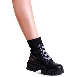 topschuhe24 2545 Damen Plateau Stiefeletten Glitzer Worker Biker Boots , Farbe:Schwarz, Größe:38 EU