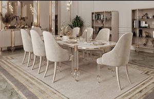 Casa Padrino Luxus Art Deco Esszimmer Set Weiß / Grau / Gold - 1 Art Deco Esstisch mit Kunstmarmor Tischplatte & 6 Art Deco Esszimmerstühle - Art Deco Esszimmer Möbel - Luxus Qualität