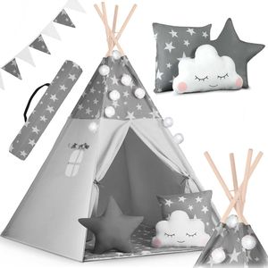 Tipi Zelt Spielzelt Baumwolle Kinderzelt mit 3 Kissen Matratze  Girlande und Lichtern - grau mit Sternen