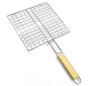 Grillguthalter mit Holzgriff | BBQ Grillkorb für Fischgemüse Steak Garnelenkoteletts | 23 x 21 cm Grillgitter aus Metall | Gemüsekorb Burger Grillwender | Grilling Basket | Grill Rost zum Grillen