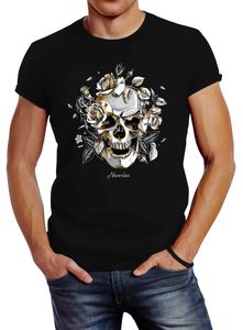 Herren T-Shirt Totenkopf Rosen Skull Roses Schädel Slim Fit Neverless® schwarz 3XL