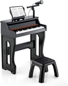 COSTWAY 37-Tasten Kinder Keyboard, elektronisches Kinderklavier mit Hocker, verstellbarem Mikrofon & Notenständer, Kinderpiano Klaviertastatur für Kinder ab 3 Jahren (Schwarz)