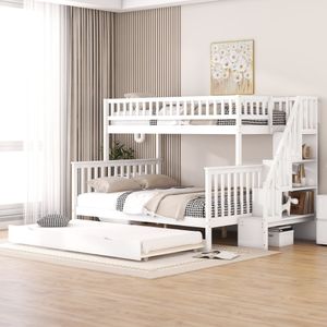 Flieks Patrová postel 90x200cm/140x200cm, dětská postel s ochranou proti vypadnutí, podkrovní postel se schody a výsuvným lůžkem, postel z masivního dřeva s lamelovým rámem, bílá