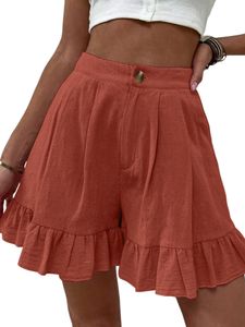 Damen Sommer Hohe Taille Rüschen Shorts Beiläufige Lose Einfarbige Hotpants mit weitem Bein,Farbe: Rot,Größe:XL