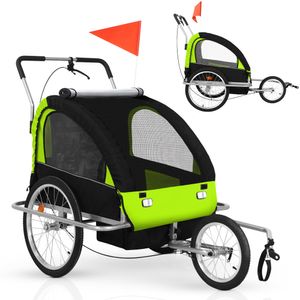 Jago® Fahrradanhänger - Für 2 Kinder, Klappbar, mit Kupplung, Fahne, Bremse, Vorderrad, 5-Punkt Sicherheitsgurt, Grün - Kinderanhänger, Kinderfahrrada