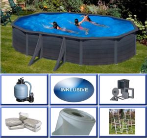 GRE Stahlwandbecken Set Granada oval 3,75m x 6,10m x 1,32m Super Komplettset Pool Ovalpool / 375 x 610 x 132 cm Stahlwandpool Ovalbecken Poolset