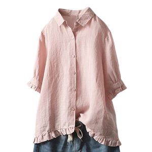 Damen Kurzarmhemd Aus Baumwolle Und Leinen Mit Rüschen Und Revers,Farbe: Rosa,Größe:M
