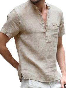 Männer V-Ausschnitt Sommerhemden Strandknopf Tops Reguläre Passform Solid Color T-Shirt Khaki,Größe:M