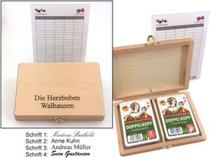 Doppelkopf Box Club Standard, Holzkassette mit individueller Gravur, 2 Doppelkopf Kartenspiele, Geschenk - Idee