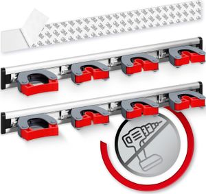 GARLAVIE selbstklebende Besenhalterung, 4 Halter und 5 Haken, für Besen, Gartengeräte und Küche. Ohne Bohren. Ideal für Garten und Haushalt. Set von 2