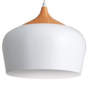 Pendelleuchte Weiß mit Holzelement Esszimmer Lampe Hängend Hängelampe Schlafzimmer E27 Höhenverstellbar Küchenlampe Hängend Skandinavischen Modern