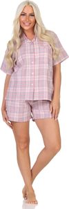 Normann Damen kurzarm Flanell Schlafanzug Shorty Pyjama in eleganter Karo Optik ; rosa , 44