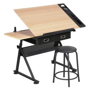Yaheetech Zeichentisch Architektentisch Schreibtisch Verstellbarer Tischplatte Arbeitstisch mit Hocker und Schubladen Höhenverstellbar für Techniker Architekten Holzfarbe