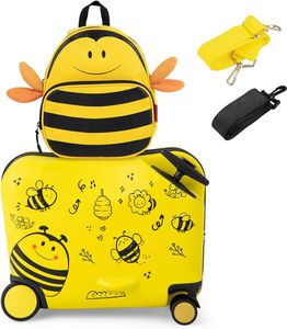 GOPLUS Kinderkoffer mit Rucksack, Reisekoffer mit Teleskopgriff & Rollen, Hartschalenkoffer für Kinder, Farbwahl (12"+18", Honigbiene)