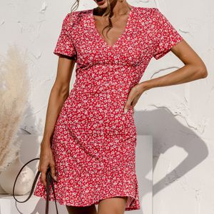 Damen Rüschen Ärmeliges Kleid Sommer Bedruckt Bohemian Beach Kleid,Farbe:Red Flowers,Größe:M