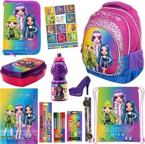 Set Rainbow High Motiv 12er Schulrucksack Rucksack Federmappe Turnbeutel Aktenmappe Brotdose Bleistifte Buntstifte Anspitzer Trinkflasche Aufgabenheft geeignet ab der ersten Klasse der Grundschule