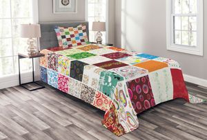 ABAKUHAUS Bunt Tagesdecke Set, Patchwork Retro Style, Set mit Kissenbezügen Waschbar, für Einselbetten 170 x 220 cm, Mehrfarbig