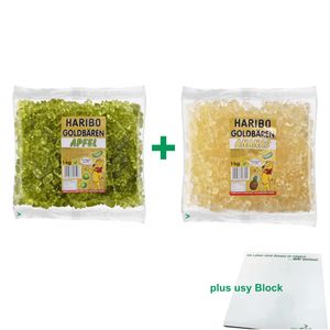 Haribo Goldbären Testpaket Apfel & Ananas (je 1kg sortenrein) + usy Block