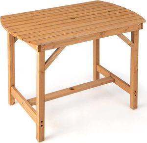 COSTWAY Zahradní stůl z masivního dřeva, jídelní stůl s otvorem pro slunečník, stůl na terasu Dřevěný stůl na dvůr, zahradu, 100 x 60 x 75 cm