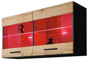 Komodee | Vitrine Schrank mit 2 Türen Savona, Korpus Schwarz Matt Frontfarbe Wotan Matt, LED RGB