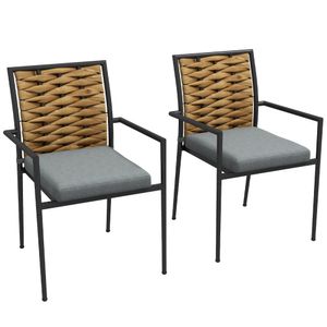Outsunny sada 2 ratanových zahradních židlí sada zahradních židlí s polštáři, stohovatelná zahradní židle, balkonová židle na terasu, ocel, 57 x 58 x 87 cm, šedá barva