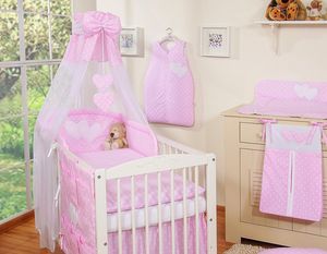 Ohne Babybett Baby Bettstet 140x70 Rosa-Punktemuster Bettwäsche Set 8-tlg mit Himmel und Himmelstange - Hängende Herzen Babybettwäscheset