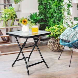 COSTWAY Kleiner Bistrotisch, klappbarer Beistelltisch, quadratischer Gartentisch 46,5x46,5x42cm, Couchtisch mit Tischplatte aus gehärtetem Glas, Balkontisch für Terrasse, Balkon, Garten