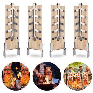 Jopassy Flammlachsbrett 4er Set rustikal Räucherbrett Holzplatten Edelstahl Halterung