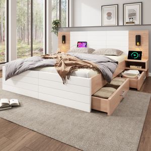 Flieks Doppelbett Holzbett 180x200cm mit Nachttisch, Stauraumbett Jugendbett mit USB, Funktionsbett mit Leselicht und Schubladen, Naturbelassen