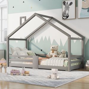 Merax dětská postel 90x200 cm s ochranou proti vypadnutí a komínem, domácí postel podlahová postel z borovicového dřeva jednolůžko s roštovým rámem, šedá barva
