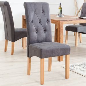 Edler Kolonial Stuhl CASA mit Nackenrolle grau Vintage Look mit Zierknöpfen Massivholzbeine Eiche