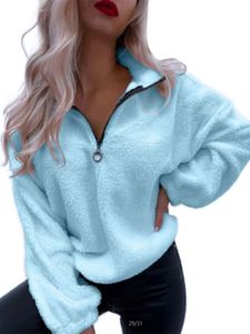 Damen Reverskragen Sweatshirt Holiday Fuzzy Fleece Pullover Gegen Neck Reißverschluss T-Shirt,Farbe:Hellblau,Größe:Xl