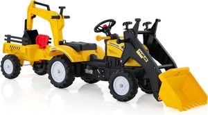 Šlapací traktor COSTWAY, dětský traktor s odpojitelným přívěsem a lopatou, rypadlonakladač s nosností až 35 kg, bagr se sedící obsluhou pro děti ve věku 3-6 let (žlutý)