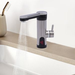 3300W Elektrischer Wasserhahn Durchlauferhitzer mit LED-Temperaturanzeige Warmwasserhahn 360° drehbar (silber+schwarz) für Küche Bad