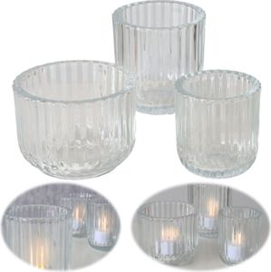 LS-LebenStil 3er Set Teelichthalter Glas Retro Klar Weiß 7-9cm Teelichtglas Windlicht Kerzenhalter Teelichtständer Kerzenständer Weihnachten Tischdeko