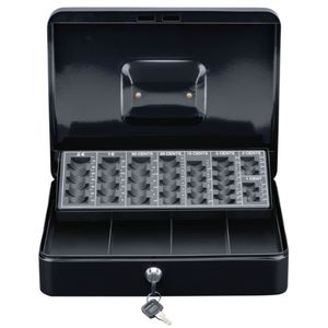 BLACK+DECKER 4-komorová pokladnička s triedičom mincí - 30,5 x 8,5 x 24 CM - vrátane 2 kľúčov - kovová - čierna