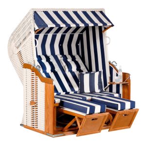 Rustikal Strandkorb 250 Plus 2-Sitzer XL, Halblieger Ostseeform, Geflecht weiß, Strukturpolyester blau-weiß-gestreift, Fichtenholz lasiert, ca, 145x90x160