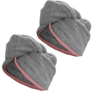 HOMELEVEL 2x Frottee Haarturban mit Knopf - Kopf Handtuch Haartuch Turban - 100% Baumwolle schnelltrocknend - 2 Stück - Haarhandtuch in Grau