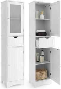 COSTWAY 170cm Hochschrank Bad, Badschrank mit Schublade, Badezimmerschrank mit verstellbaren Ablagen & Milchglastür, Badhochschrank schmal, aus Holz, modern (Weiß)