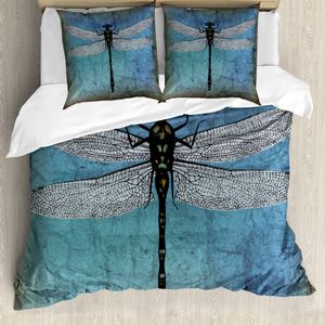 ABAKUHAUS Libelle Bettbezug, Dragonfly Bug Turquoise, Milbensicher Allergiker geeignet mit Kissenbezügen, 200 cm x 200 cm - 80 x 80 cm, Türkis Dunkelblau