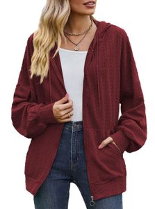 ASKSA Damen Kapuzenjacke Sweatshirt mit Reissverschlus Einfarbig Zip Hoodie Oversize Sweatjacke, Rotwein, XL