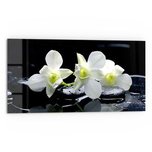 DEQORI Küchenrückwand Glas 80x40 cm 'Orchidee mit Zen-Steinen' Spritzschutz Bad Rückwand