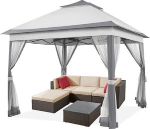 Yaheetech Gartenpavillon 3,3 x 3,3 m Pop Up Gartenlaube Doppeldach Stabil Wasserdicht höhenverstellbar Pavillon mit 4 Netzwänden, Hinterhof-Pavillon