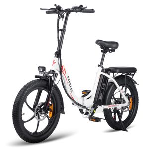 Fafrees F20 Skladací elektrický bicykel, 20-palcový elektrický horský bicykel s tučnými pneumatikami, snežný e-bike, 36 V/16 Ah, lítiová batéria, 250 W biely