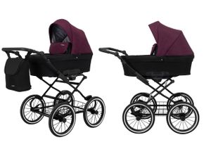 Kinderwagen ROMANTIC Babywagen Babyschale Kinder Wagen Set 1 in 1 (schwarz + weinrot, Rahmenfarbe: schwarz Rahmen)