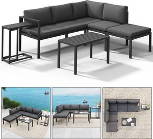 Mucola sedací souprava hliníková rohová pohovka s bočním stolkem lounge odolná proti povětrnostním vlivům šedý stůl balkonový nábytek terasa venkovní nábytek zahrada