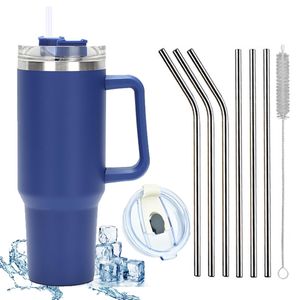 1200 ML Isolierbecher Edelstahl mit Griff 40 OZ Doppelwandiger Kühlbecher Reisebecher Autobecher mit Strohhalm und Auslaufsicher Becherdeckel, blau, 9 Stück, 40 OZ