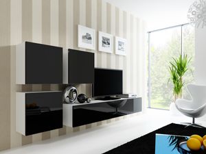 Furniture24 Wohnwand VIGO 23, Desing Mediawand, Modernes Anbauwand mit 3 Türen und 2 Klaptüren, Hängeschrank Tv Lowboard Weiß / Schwarz Hochglanz