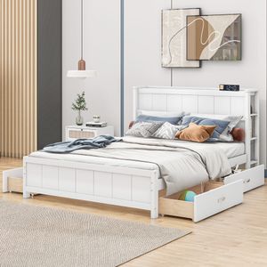 Flieks Doppelbett 140x200cm mit 4 Schubladen, Jugendbett mit Lattenrost, Klassisches Bett Holzbett mit Stauraumkopfteil, Weiß